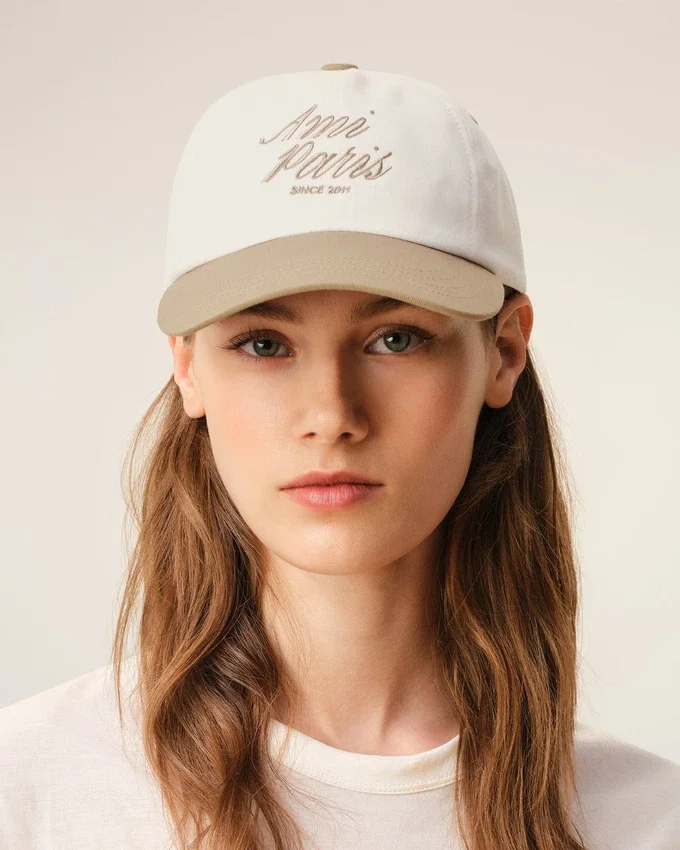 Beige and White Bicolor Cotton Ami Paris Cap Beige and White Bicolor Cotton Ami Paris Cap