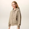 Beige Cotton Embossed Ami De Coeur Zipped Hoodie