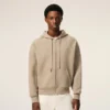 Beige Cotton Embossed Ami De Coeur Zipped Hoodie
