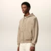 Beige Cotton Embossed Ami De Coeur Zipped Hoodie