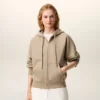 Beige Cotton Embossed Ami De Coeur Zipped Hoodie