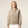 Beige Cotton Embossed Ami De Coeur Zipped Hoodie