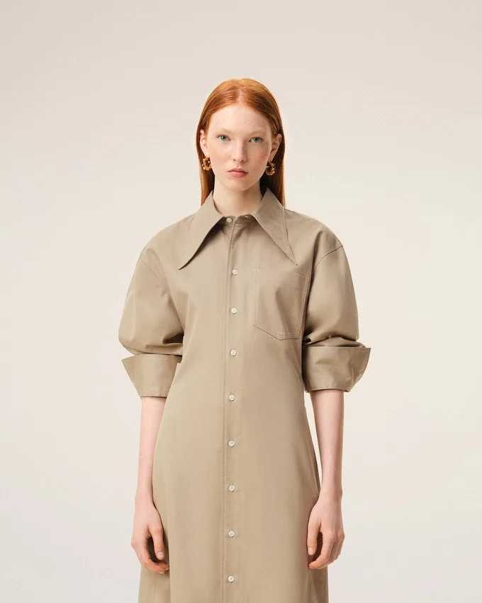 Beige Cotton Fitted Shirt Dress Beige Cotton Fitted Shirt Dress