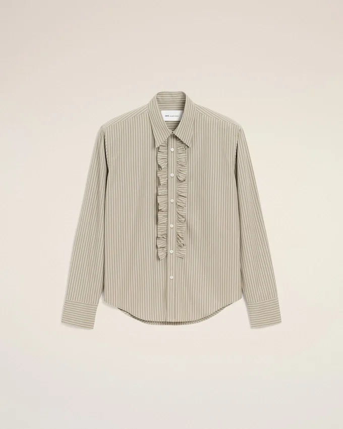 Beige Cotton Long Sleeve Ruffled Adjusted Shirt Beige Cotton Long Sleeve Ruffled Adjusted Shirt