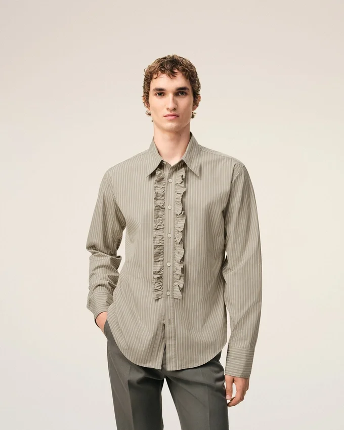 Beige Cotton Long Sleeve Ruffled Adjusted Shirt Beige Cotton Long Sleeve Ruffled Adjusted Shirt