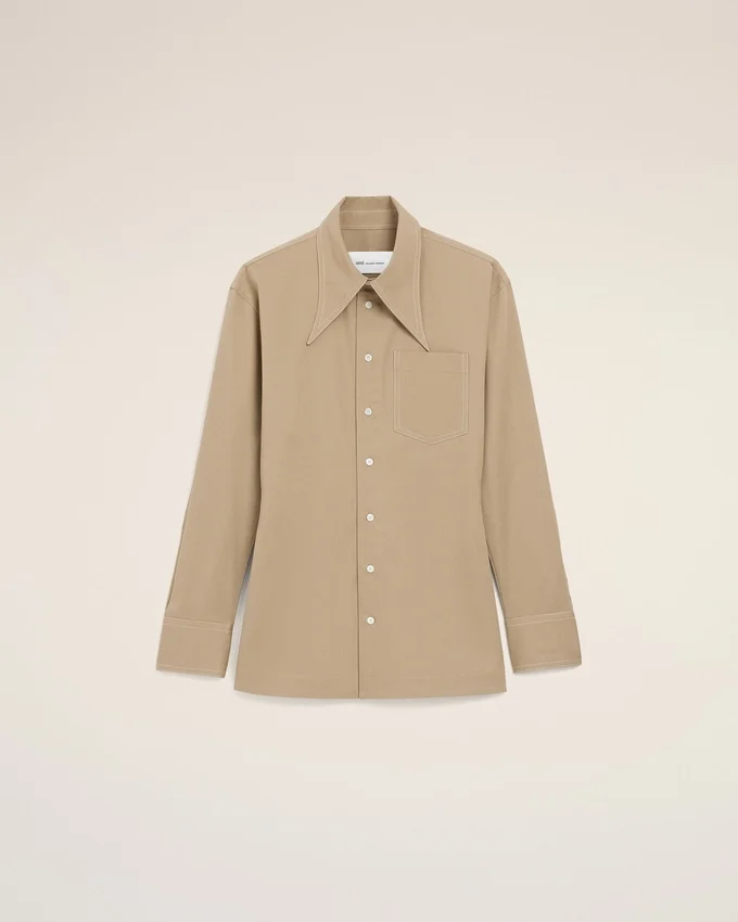 Beige Cotton Sharp Collar Fitted Shirt Beige Cotton Sharp Collar Fitted Shirt