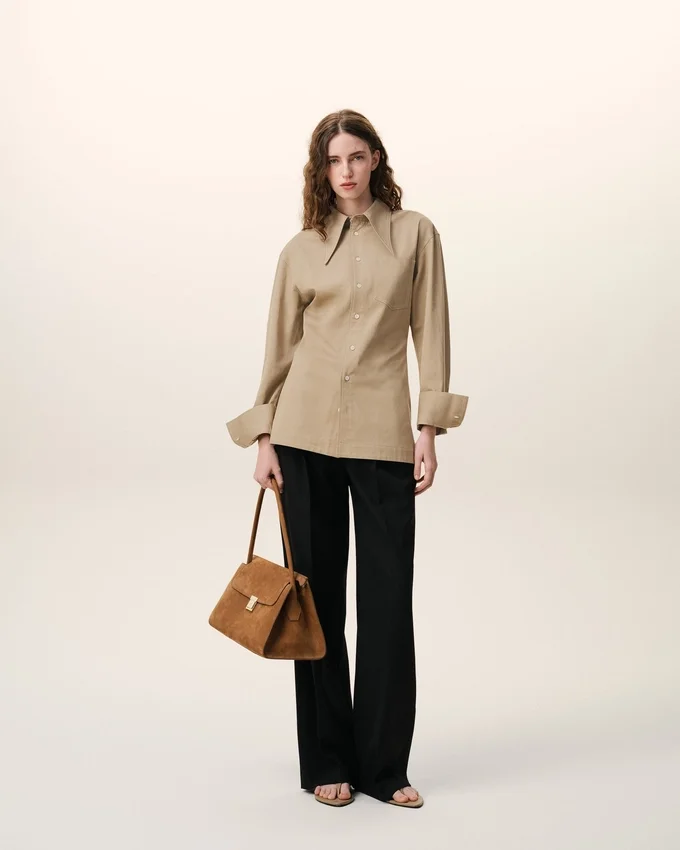 Beige Cotton Sharp Collar Fitted Shirt Beige Cotton Sharp Collar Fitted Shirt