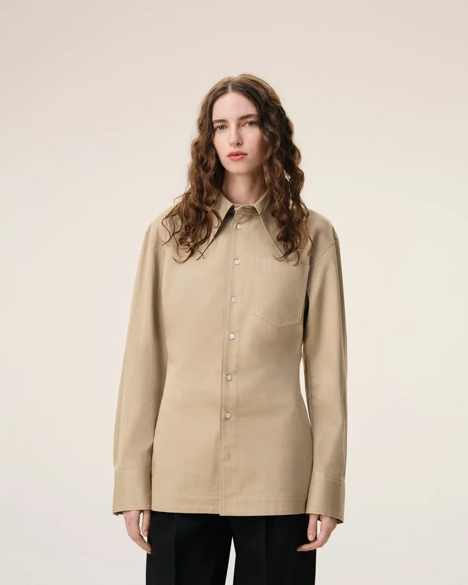 Beige Cotton Sharp Collar Fitted Shirt Beige Cotton Sharp Collar Fitted Shirt