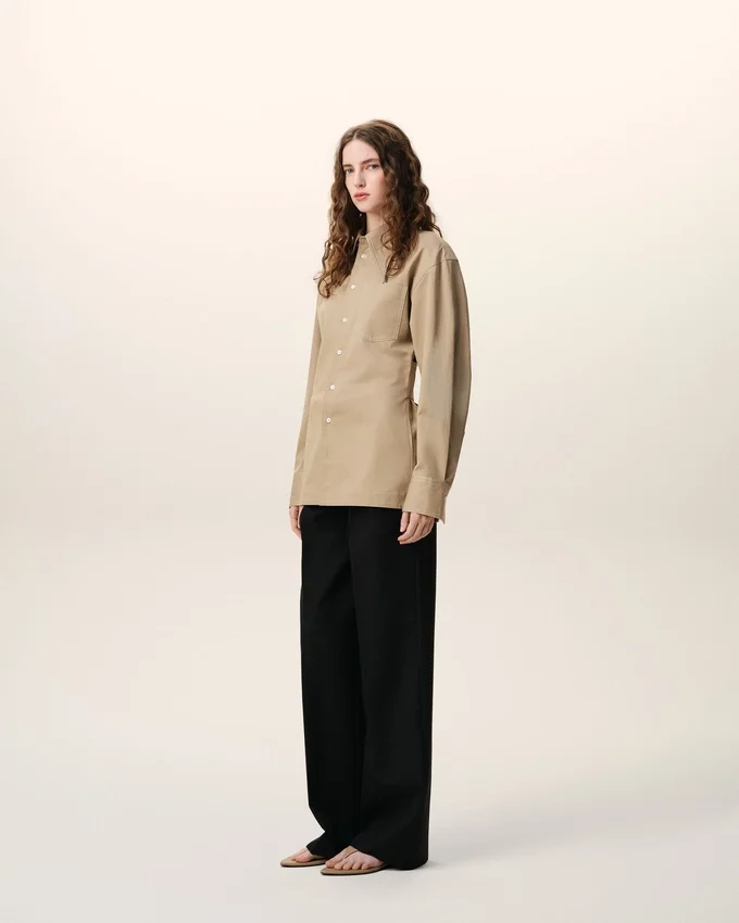 Beige Cotton Sharp Collar Fitted Shirt Beige Cotton Sharp Collar Fitted Shirt