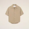 Beige Cotton Short Sleeve Camp Collar Wide Shirt