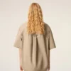 Beige Cotton Short Sleeve Camp Collar Wide Shirt