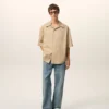 Beige Cotton Short Sleeve Camp Collar Wide Shirt
