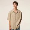 Beige Cotton Short Sleeve Camp Collar Wide Shirt