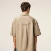 Beige Cotton Short Sleeve Camp Collar Wide Shirt