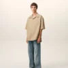 Beige Cotton Short Sleeve Camp Collar Wide Shirt