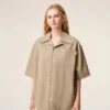 Beige Cotton Short Sleeve Camp Collar Wide Shirt