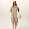 Beige Cotton Stand up Collar Buttoned Dress