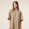 Beige Cotton Stand up Collar Buttoned Dress
