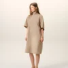 Beige Cotton Stand up Collar Buttoned Dress