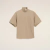 Beige Cotton Stand up Collar Buttoned T Top