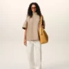 Beige Cotton Stand up Collar Buttoned T Top