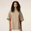Beige Cotton Stand up Collar Buttoned T Top