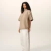 Beige Cotton Stand up Collar Buttoned T Top