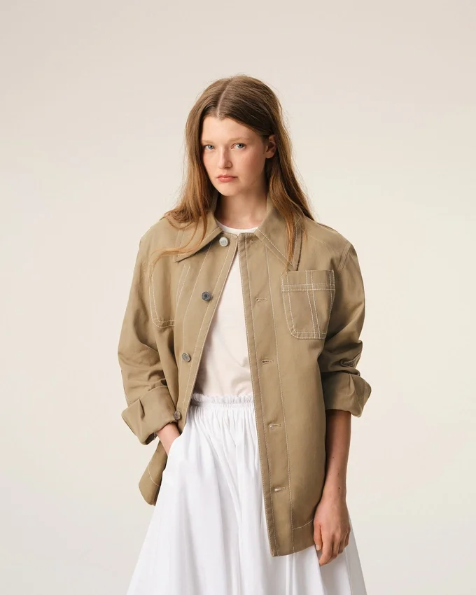 Beige Cotton Worker Buttoned Jacket Beige Cotton Worker Buttoned Jacket