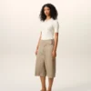 Beige Cotton Wrapped Belted Bermuda Shorts