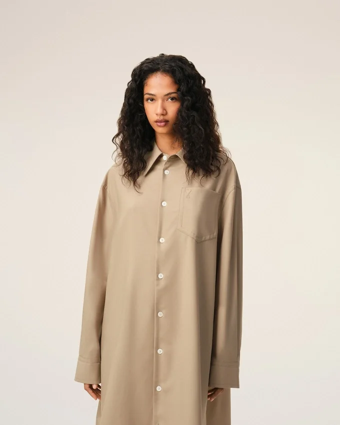 Beige New Wool Ami De Coeur Wide Shirt Dress Beige New Wool Ami De Coeur Wide Shirt Dress