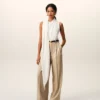 Beige New Wool High Waist Wide Trousers with Two Pleats
