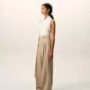 Beige New Wool High Waist Wide Trousers with Two Pleats