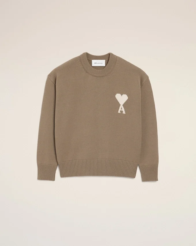 Beige Wool and Cotton Crewneck Ami De Coeur Sweater Beige Wool and Cotton Crewneck Ami De Coeur Sweater