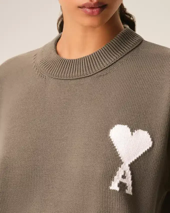 Beige Wool and Cotton Crewneck Ami De Coeur Sweater Beige Wool and Cotton Crewneck Ami De Coeur Sweater