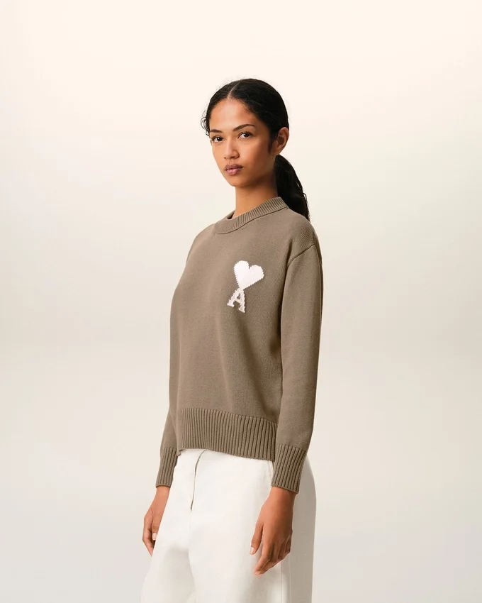 Beige Wool and Cotton Crewneck Ami De Coeur Sweater Beige Wool and Cotton Crewneck Ami De Coeur Sweater