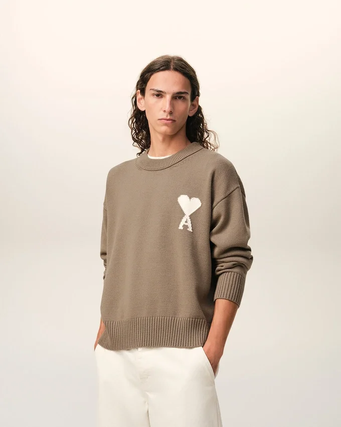 Beige Wool and Cotton Crewneck Ami De Coeur Sweater Beige Wool and Cotton Crewneck Ami De Coeur Sweater
