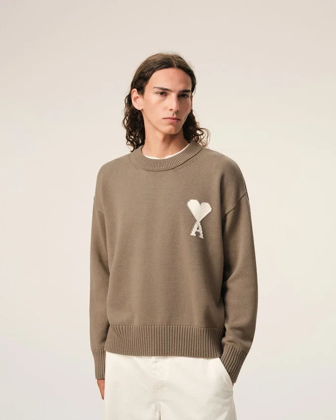 Beige Wool and Cotton Crewneck Ami De Coeur Sweater Beige Wool and Cotton Crewneck Ami De Coeur Sweater