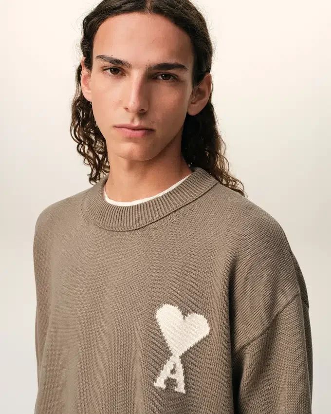 Beige Wool and Cotton Crewneck Ami De Coeur Sweater Beige Wool and Cotton Crewneck Ami De Coeur Sweater