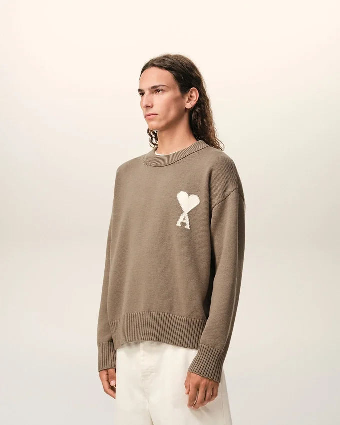 Beige Wool and Cotton Crewneck Ami De Coeur Sweater Beige Wool and Cotton Crewneck Ami De Coeur Sweater