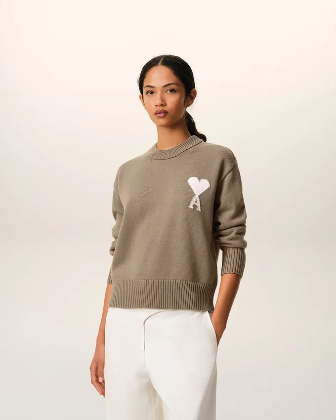 Beige Wool and Cotton Crewneck Ami De Coeur Sweater Beige Wool and Cotton Crewneck Ami De Coeur Sweater