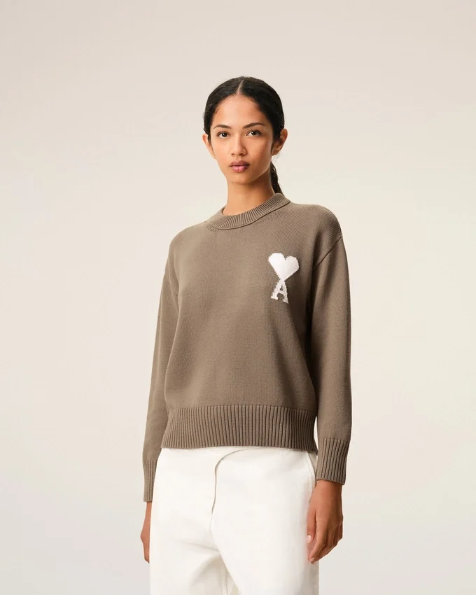 Beige Wool and Cotton Crewneck Ami De Coeur Sweater Beige Wool and Cotton Crewneck Ami De Coeur Sweater