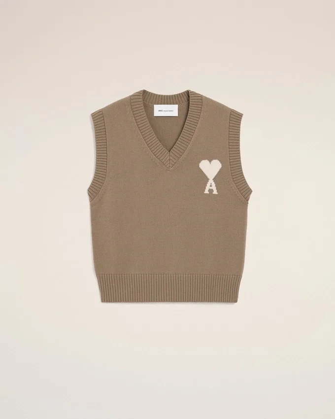 Beige Wool and Cotton Sleeveless Ami De Coeur Sweater Beige Wool and Cotton Sleeveless Ami De Coeur Sweater