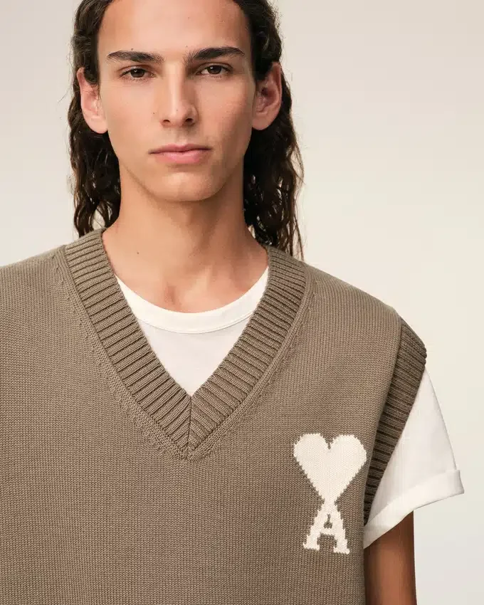 Beige Wool and Cotton Sleeveless Ami De Coeur Sweater Beige Wool and Cotton Sleeveless Ami De Coeur Sweater