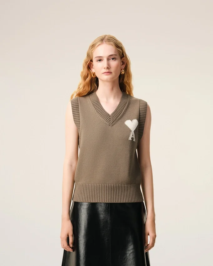 Beige Wool and Cotton Sleeveless Ami De Coeur Sweater Beige Wool and Cotton Sleeveless Ami De Coeur Sweater