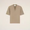 Beige Wool Short Sleeves V Neck Sweater
