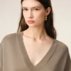 Beige Wool Short Sleeves V Neck Sweater