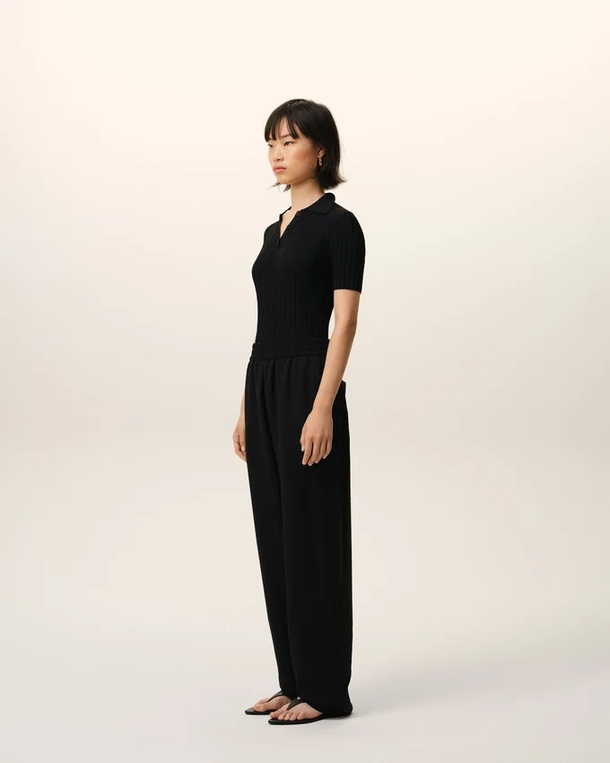 Black Blended Linen Elasticated Waist Trousers Black Blended Linen Elasticated Waist Trousers