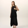 Black Blended Silk Long Dress with Ruffles