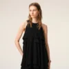 Black Blended Silk Long Dress with Ruffles
