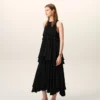 Black Blended Silk Long Dress with Ruffles